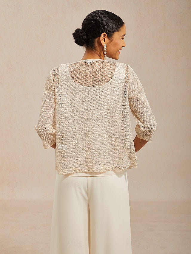 Women's Shirt Tank Top Twinset Lace Sequins Mesh Chiffon