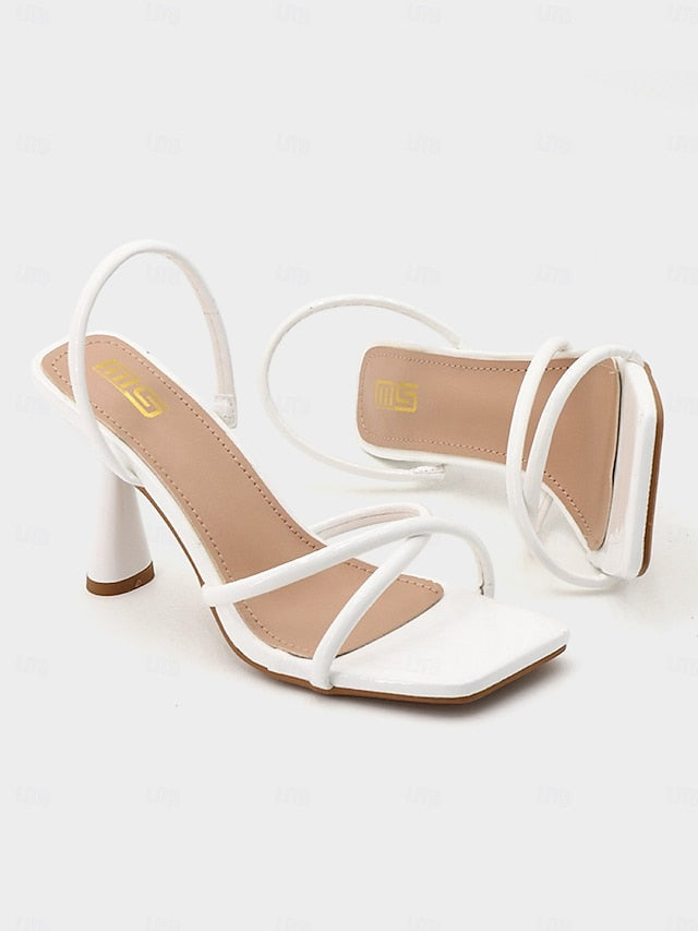 Beige Heeled Strappy Sandals Toe Design – with Square