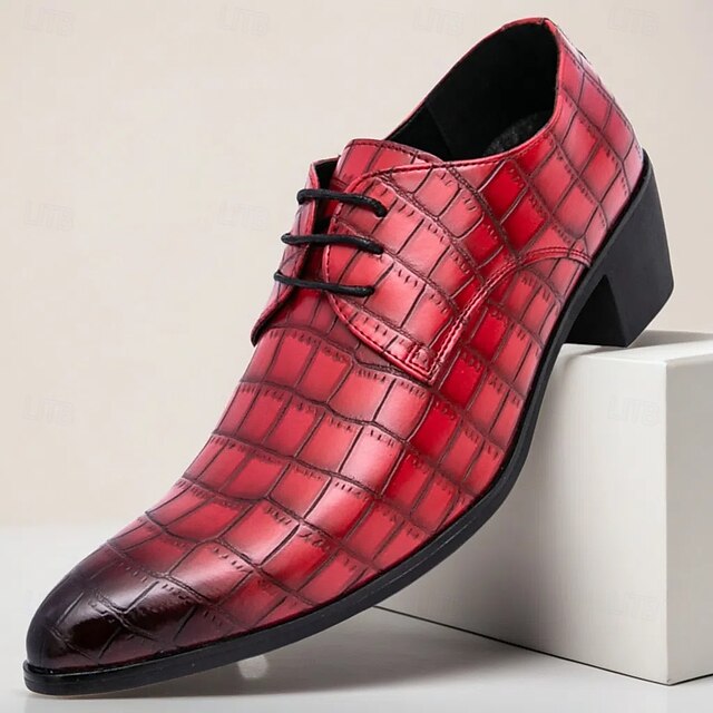 Men's – Red Leather Crocodile Pattern Shoes Faux