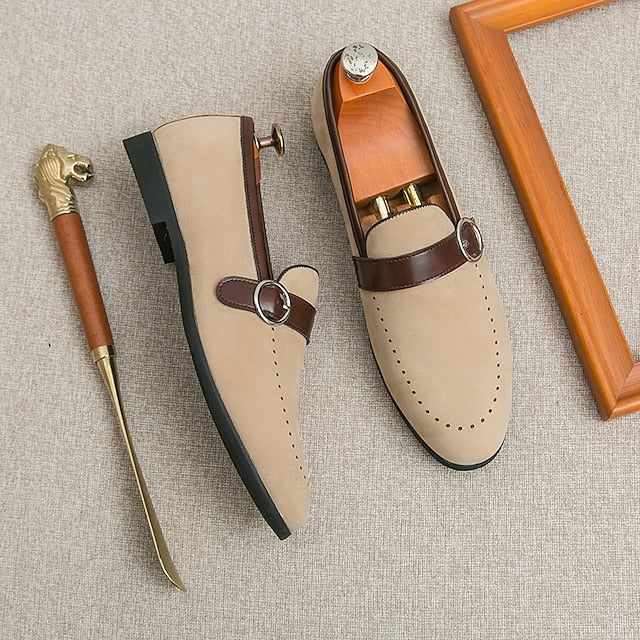 Faux Suede Slip-On with Brown Strap Buckle Loafers Men's