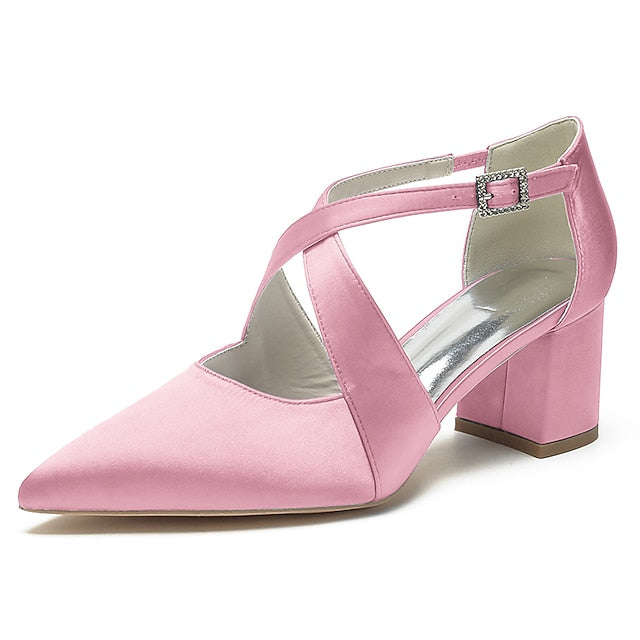 – Elegant White Block Pointed Heels Women's Satin Toe