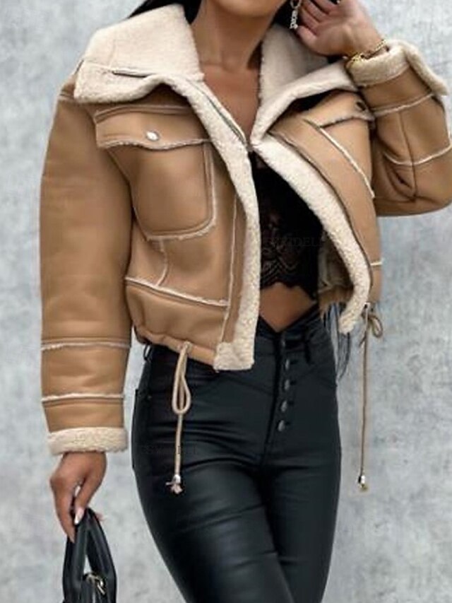 Jacket Faux Warm Women's Leather Pocket Comfortable Buttons