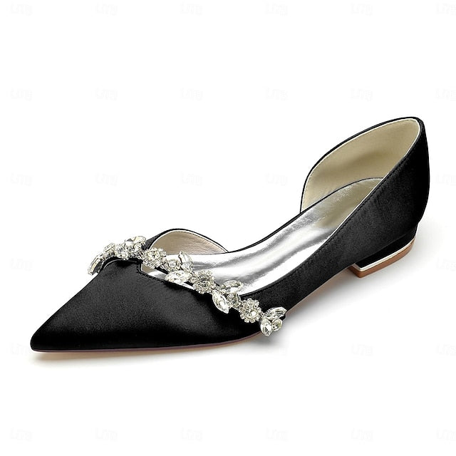 Crystal Wedding Toe with White and Pointed Satin Flat Shoes