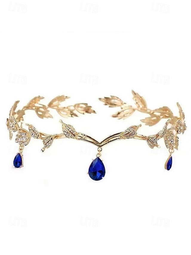 – Headpiece Leaf Blue Drops with Vintage Gold Gemstone