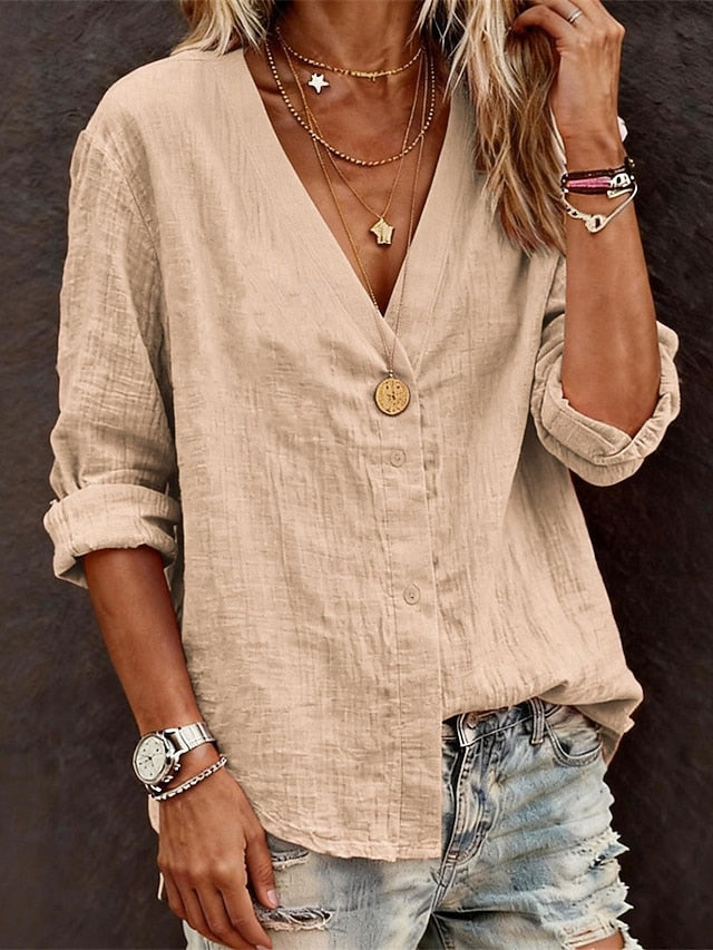 Women's Blouse Dressy Tops Ruched Patchwork Buttons Plain