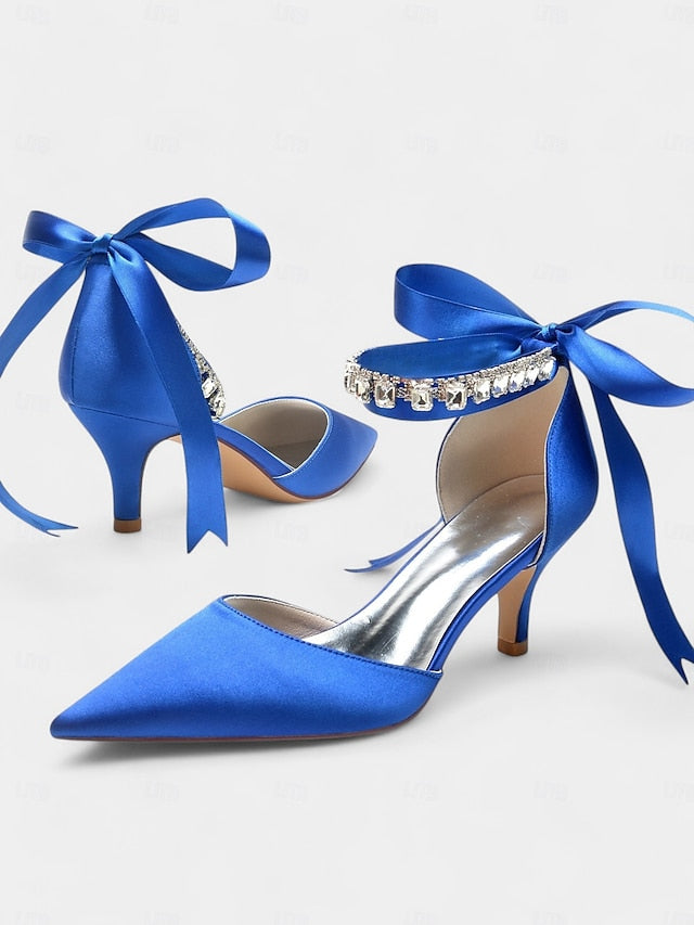 Satin Ankle Strap Blue Heels Pointed-Kitten and with Rhinestone