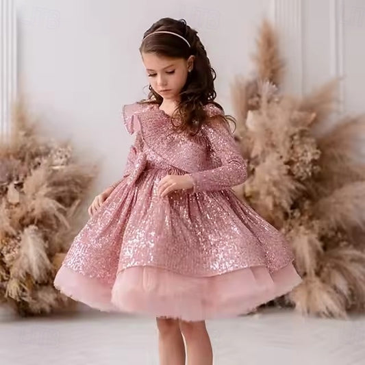 Girls' Sleeve Dress Performance Kids Solid Party Color Long
