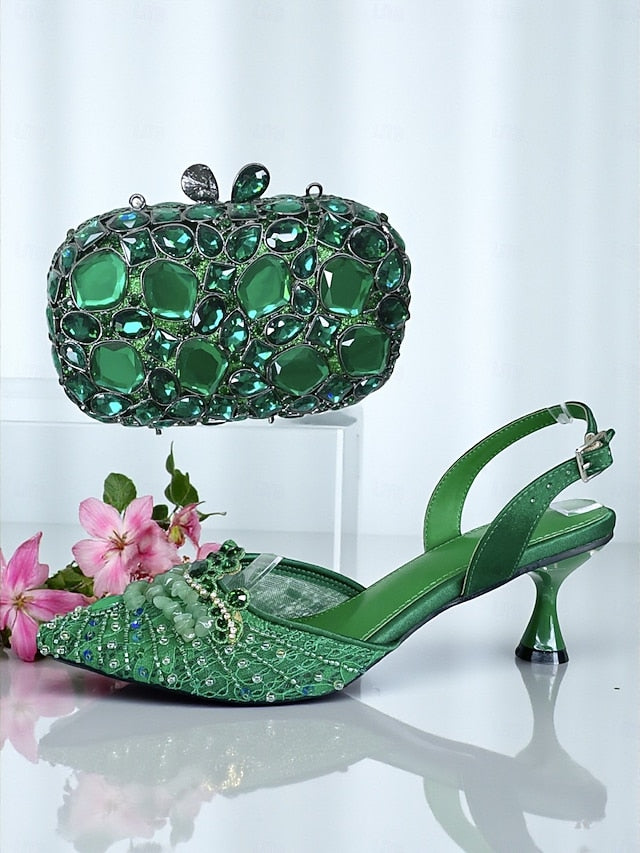- Clutch Women's Bag Set Heel Green Rhinestone Shoes and