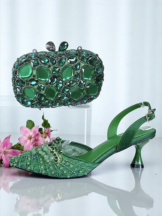 - Clutch Women's Bag Set Heel Green Rhinestone Shoes and