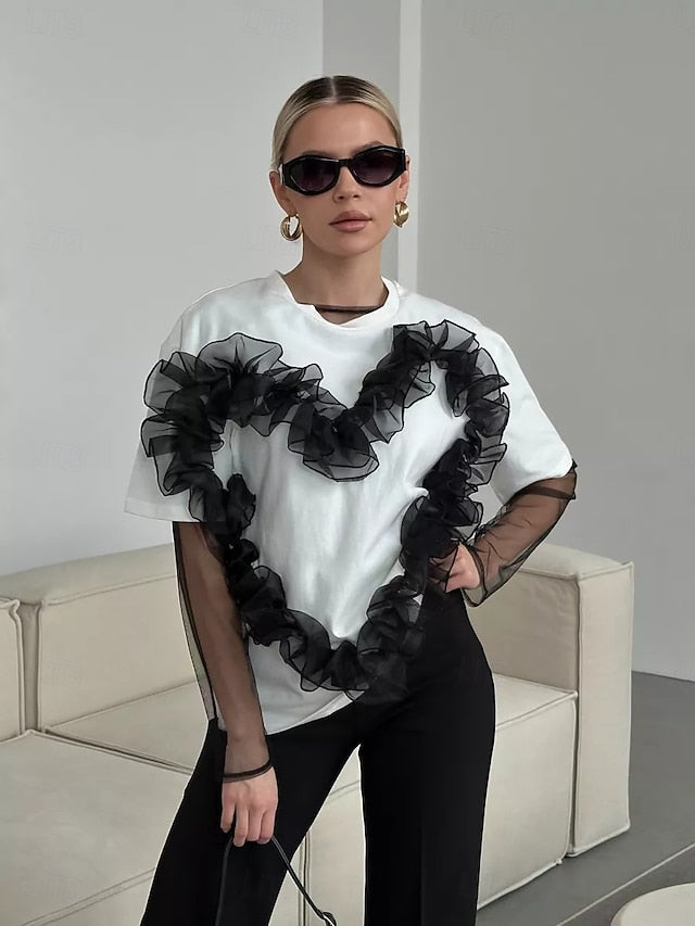Women's 100% Cotton T Shirt Ruched Patchwork 3D Appliques