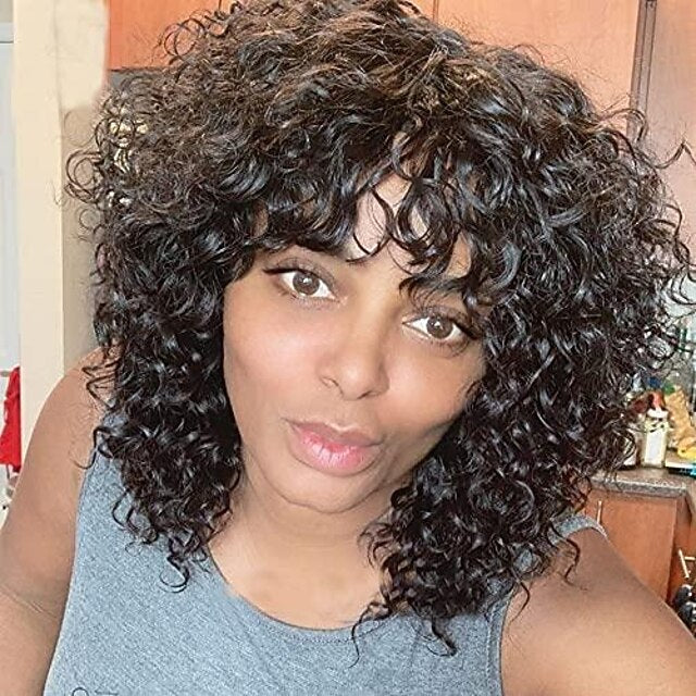 Curly Full Machine Made Scalp Top Wig With Bangs Scalp Top Kinky