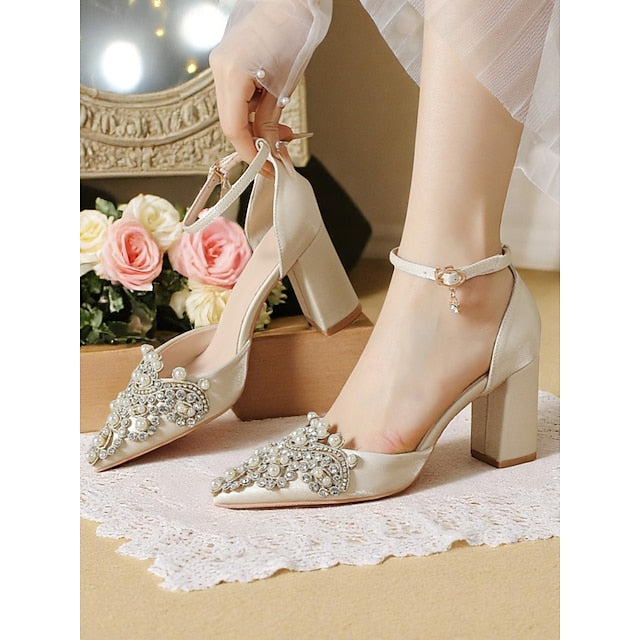 and Pearl Women's Wedding Block Embellished Rhinestone Heel