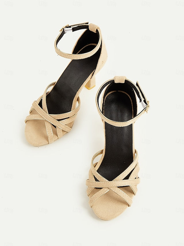 Women's Elegant Suede Strappy – Nude Ankle Heels 1950s