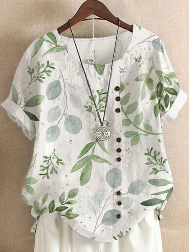 Women's Shirt Blouse Faux Cotton Linen Floral Casual Short