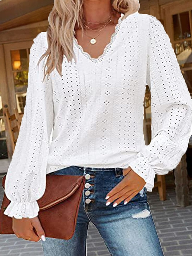 Women's White Elegant Lace Tops Eyelet Blouse Stylish Solid