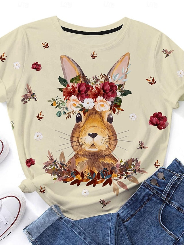 Women's Bunny Rose Crown T-shirt Blue Floral Crew Neck