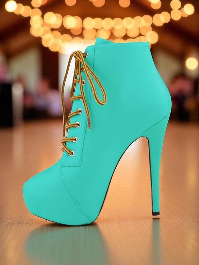 Beige Faux Lace-Up Leather Platform Women's Ankle Boots -