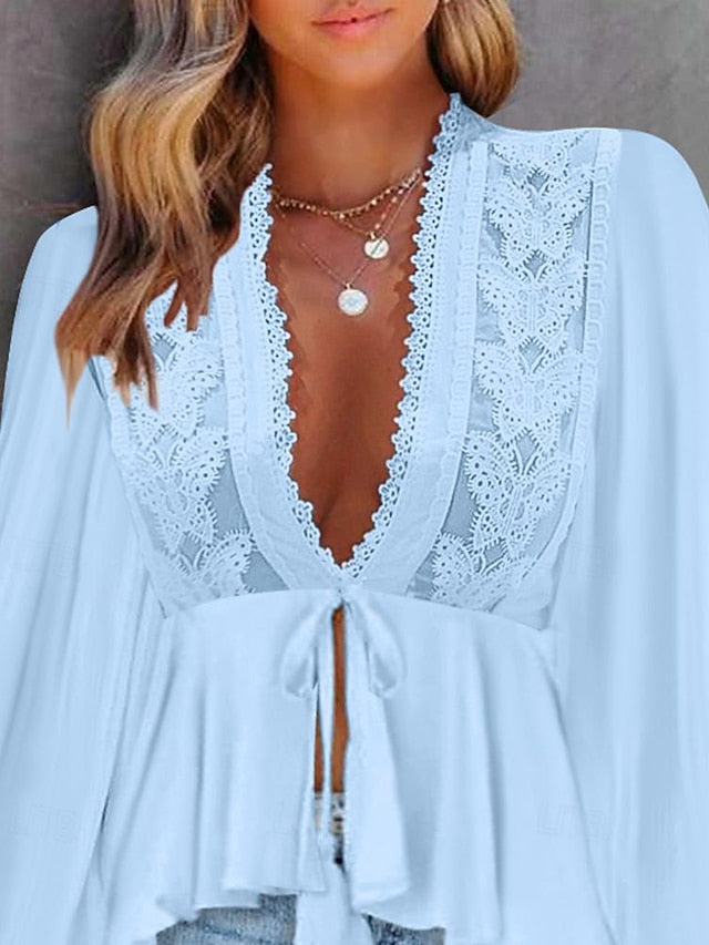 Women's Shirt Boho Shirt Blouse Lace Plain Fashion V Neck