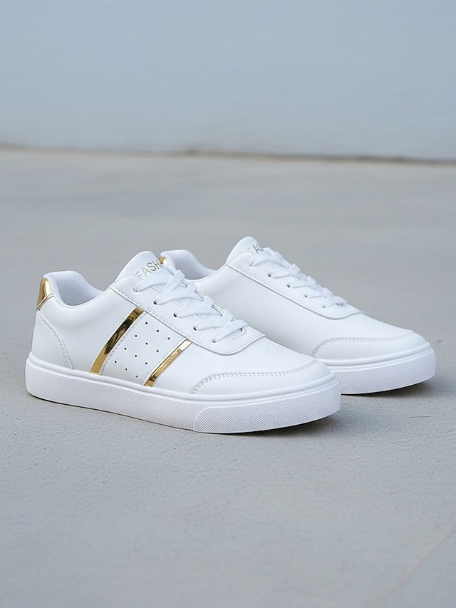 Women's White Lace-up Sneakers with Gold Detailing –