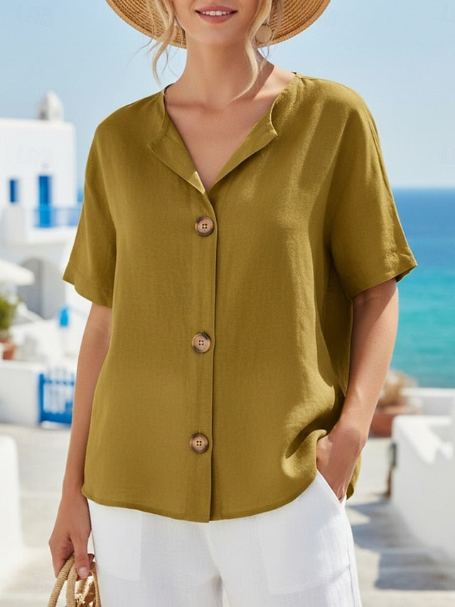 Women's Shirt Linen Shirt Blouse Buttons Plain Active