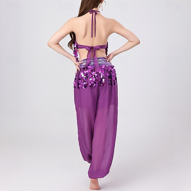 Belly Dance Top Pure Color Splicing Sequins Women's
