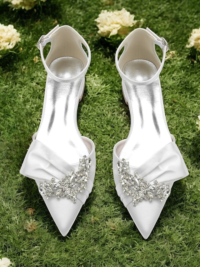 and Bow with Satin Ankle White Pointed-Toe Rhinestone Heels