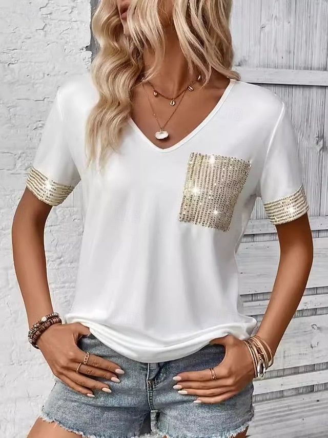 Women's Blouse Sequins Patchwork Pocket Solid Color Basic