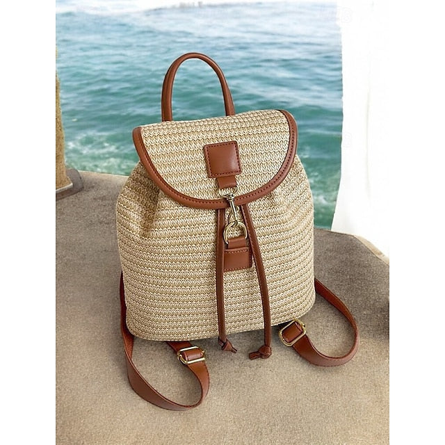 – Women Woven Boho Bag with Rattan for Travel Straw Backpack
