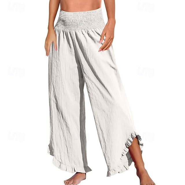 Women's Cotton Linen Pants Culottes Wide Leg Slacks Fashion