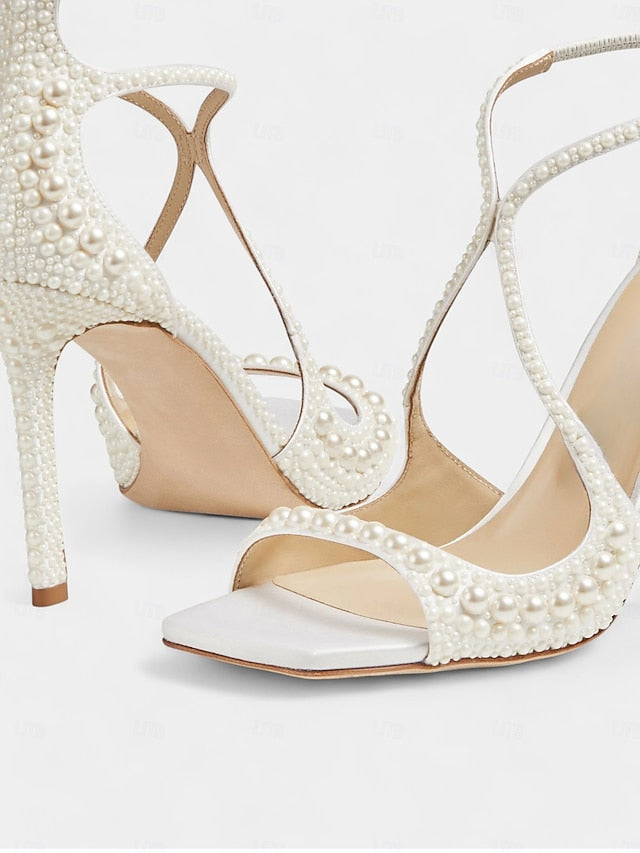 Sandals Open-Toe White Ankle with Stiletto Pearl-Embellished
