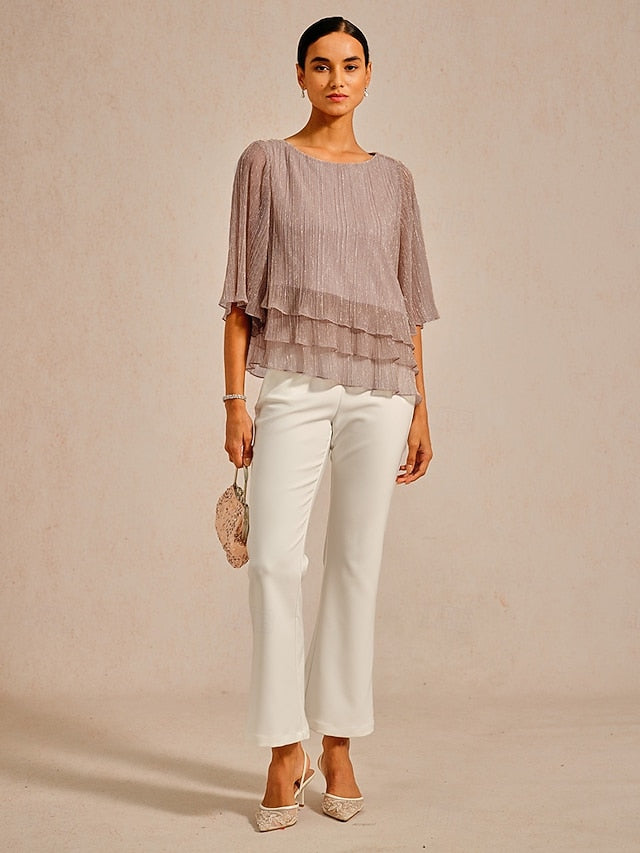 Women's Blouse Chiffon Tops Lace Tops Ruched Glitter Solid