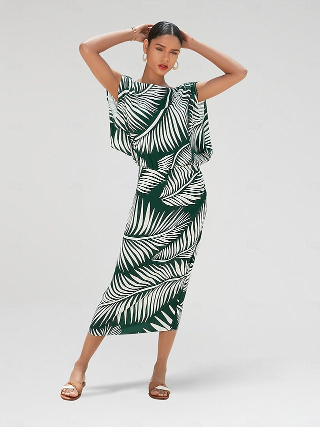 Satin Print Raglansleeve Midi Dress