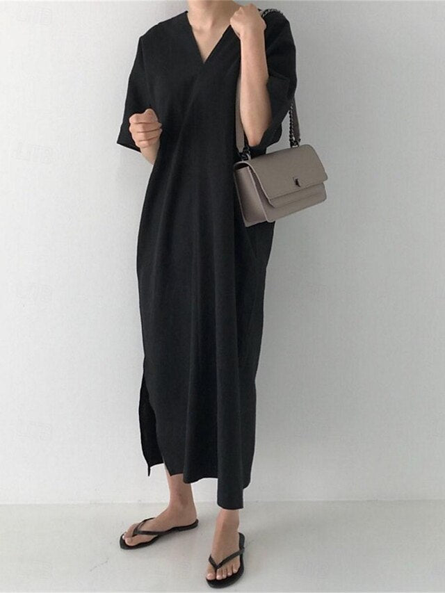Women's Black Apricot Summer Spring Maxi Dress Cotton Blend