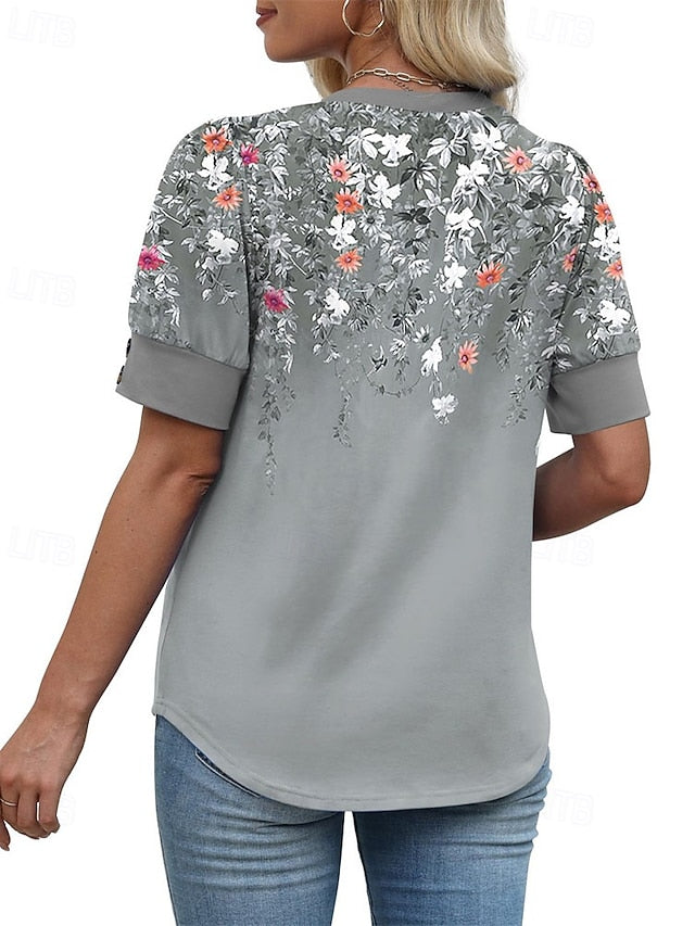 Women's T Shirt Summer Tops Patchwork Buttons Print Solid