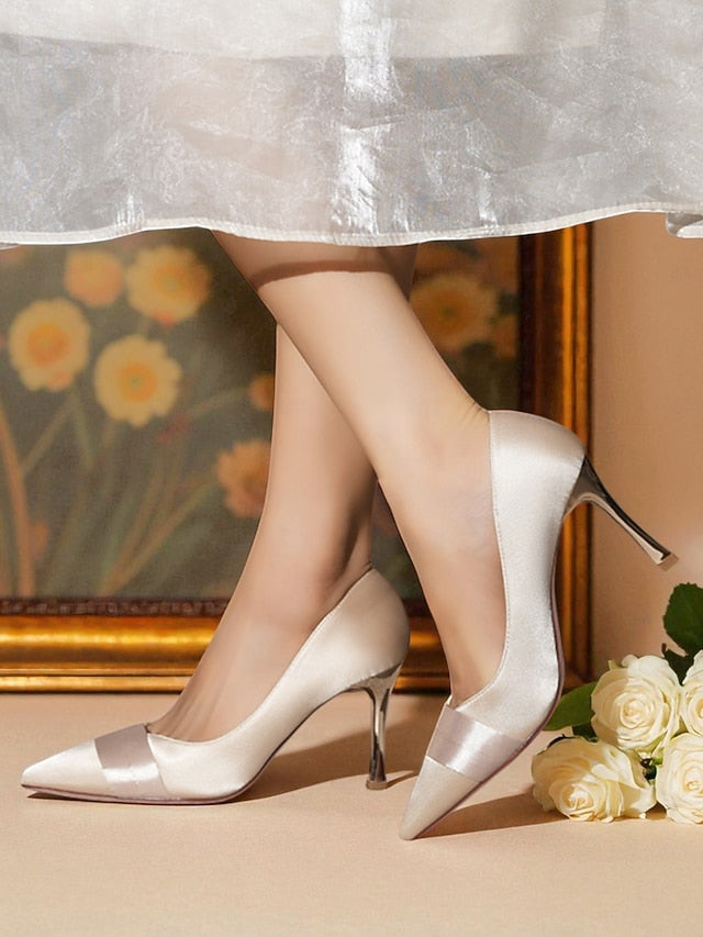 Heel Pointed Women's Toe High Satin - Champagne Pumps