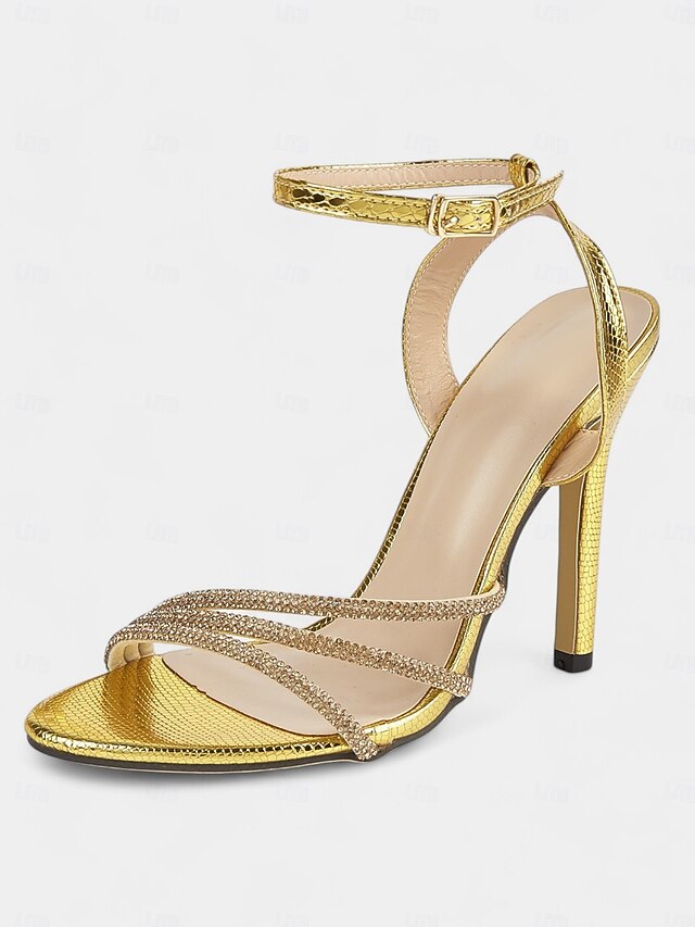Gold Stiletto Sandals for Women Rhinestone-Embellished Open-Toe
