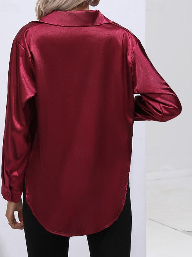 Women's Shirt Elegant Satin Top Blouse Buttons Plain