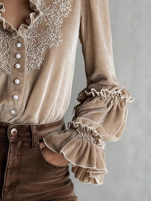 Women's Shirt Velvet Casual Shirt Ruffle Shirt Embroidered