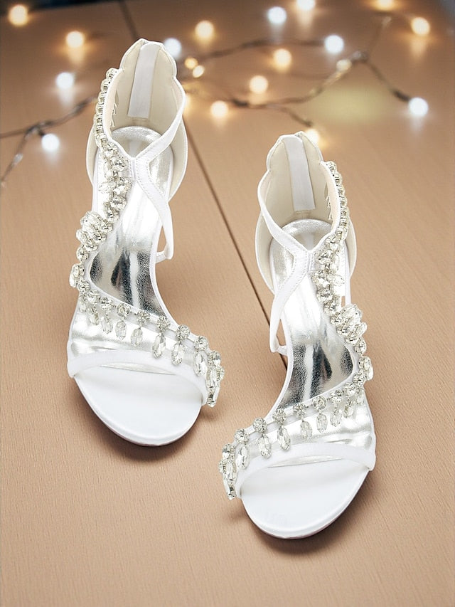 White Sandals Heel Rhinestone High Women's with Strappy