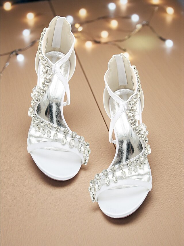 Heel High Women's Sandals White Strappy Rhinestone with