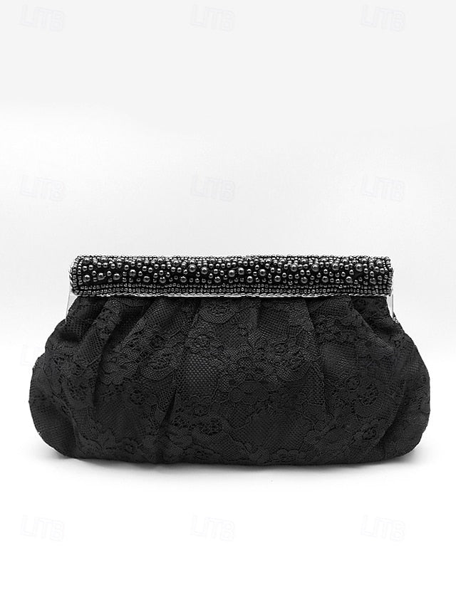 Lace Clutch Women's Black Elegant Bag Beaded Evening with