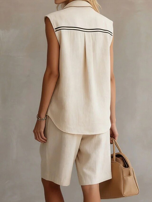 Women's Two Piece Sets Shorts Sets Sleeveless Shirt Collar