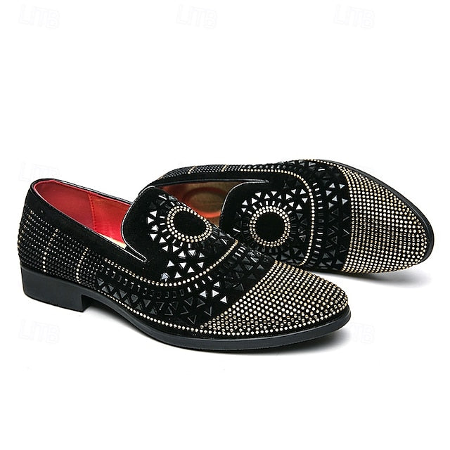 Black Spiral Men's Loafers Studded - Velvet Shoes Prom with