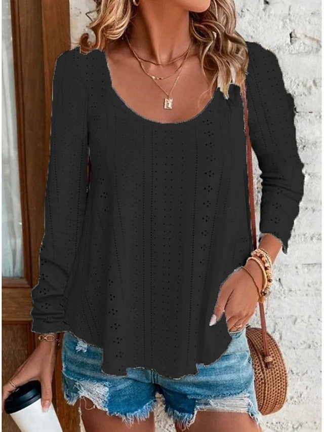 Women's Blouse Eyelet top Long Sleeve Tops Hollow Out Plain