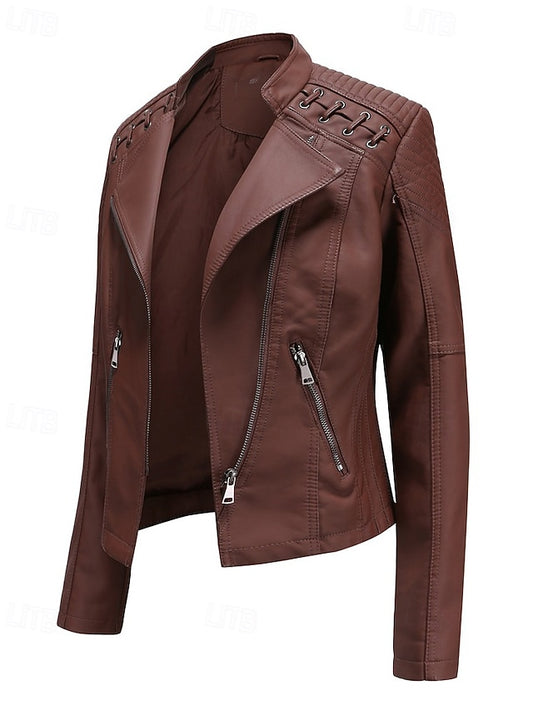 Pocket Jacket Women's Faux Leather Comfortable Zipper