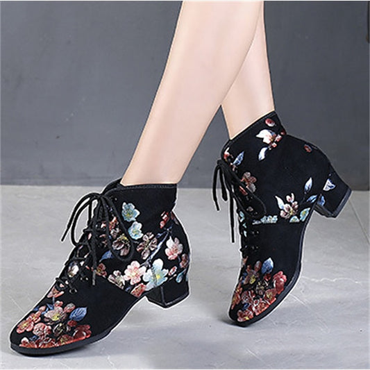 Lace-up for Comfortable – Women Shoes Floral Low Dance Black