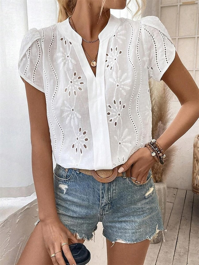 Women's Shirt Pointelle Shirt Eyelet Top Blouse Embroidered
