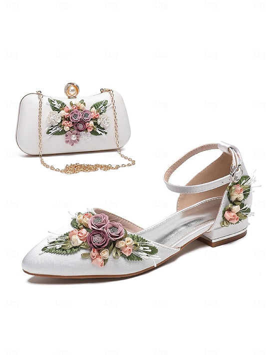 Floral Clutch with Matching – Embroidered Flat Shoes White