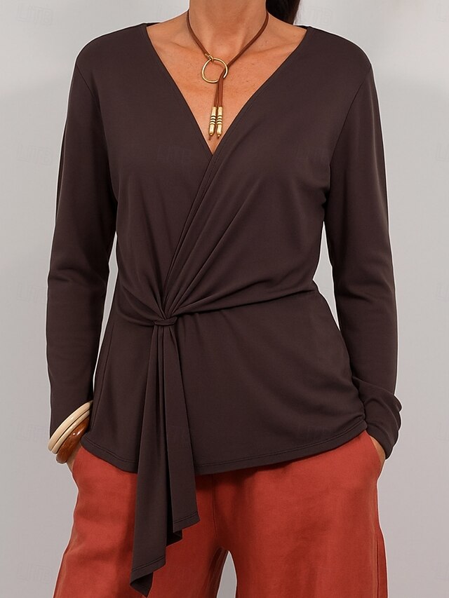 Women's Shirt Blouse Long Sleeve Tops Tie Front Plain
