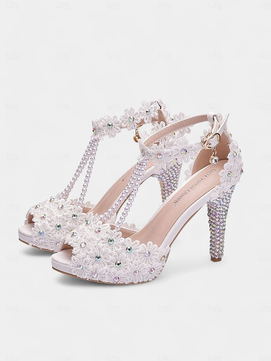 T-Strap Lace Floral Pearl-Decorated Sandals White - Bridal